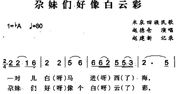 尕妹们好像白云彩_民歌简谱_词曲: 赵建新记录