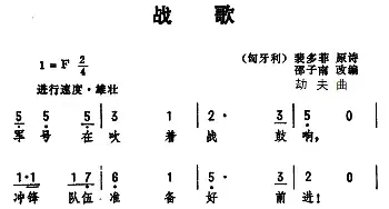 战歌_民歌简谱_词曲:[匈牙利]裴多菲原诗　邵子南改编 劫夫