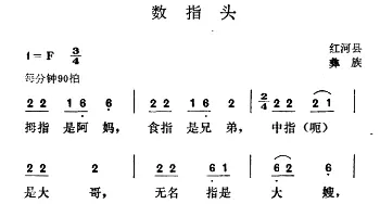 数指头_儿歌乐谱_词曲: 云南红河县彝族民歌