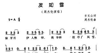 发如雪_通俗唱法乐谱_词曲:方文山 周杰伦