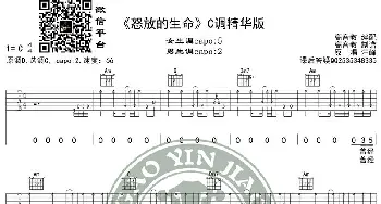 《怒放的生命》吉他谱C调精华版 高音教编配 猴哥吉他教学_歌谱投稿_词曲: