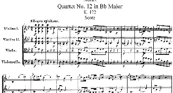 小提琴谱 | Mozart《Quartet No.12 in Bb Major,K.172》(总谱)