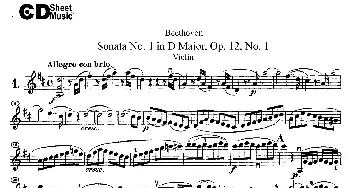 小提琴谱 | D大调第一小提琴奏鸣曲(Sonata No.1 in D Major Op.12,No.1)Beethoven(​贝多芬）